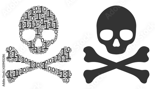 Death skull mosaic icon of zero and null digits in random sizes. Vector digital symbols are arranged into death skull collage design concept.