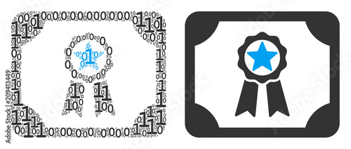 Diploma collage icon of binary digits in different sizes. Vector digit symbols are united into diploma collage design concept.
