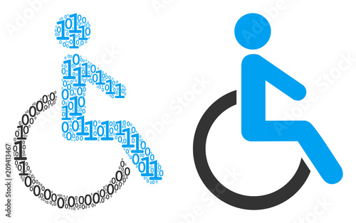 Disabled person mosaic icon of binary digits in randomized sizes. Vector digits are organized into disabled person illustration design concept.