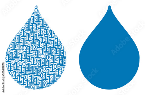 Drop collage icon of one and zero digits in variable sizes. Vector digits are grouped into drop mosaic design concept.