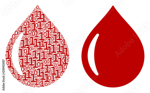 Drop collage icon of zero and null digits in random sizes. Vector digits are formed into drop mosaic design concept.