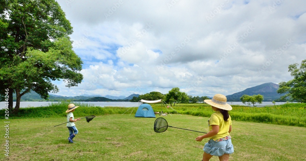 夏の高原・草原で遊ぶファミリー