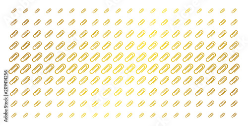 Paperclip icon golden halftone pattern. Vector paperclip symbols are organized into halftone matrix with inclined gold gradient. Constructed for backgrounds, covers, templates and beautiful concepts.