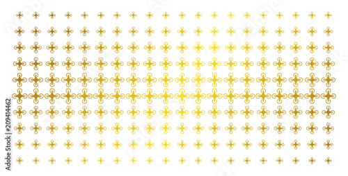 Air drone icon golden halftone pattern. Vector air drone shapes are organized into halftone array with inclined golden gradient. Designed for backgrounds, covers, templates and bright compositions.