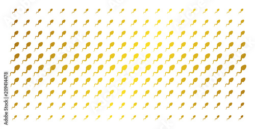 Spermatozoon icon gold halftone pattern. Vector spermatozoon objects are organized into halftone array with inclined gold gradient. Designed for backgrounds, covers,