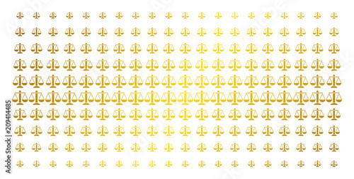 Weight scales icon golden halftone pattern. Vector weight scales symbols are organized into halftone array with inclined gold gradient. Constructed for backgrounds, covers,