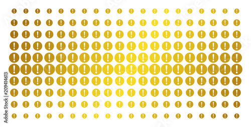 Problem icon golden halftone pattern. Vector problem items are organized into halftone grid with inclined gold color gradient. Designed for backgrounds, covers, templates and bright concepts.