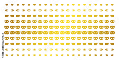 Privacy mask icon gold colored halftone pattern. Vector privacy mask pictograms are organized into halftone grid with inclined gold gradient. Constructed for backgrounds, covers,