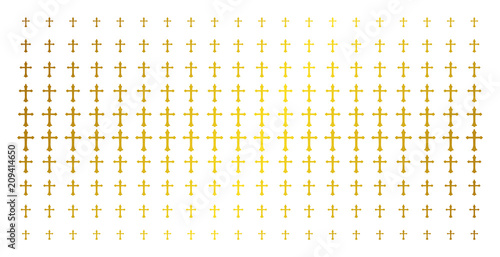 Christian cross icon gold colored halftone pattern. Vector Christian cross shapes are arranged into halftone array with inclined gold gradient. Designed for backgrounds, covers,