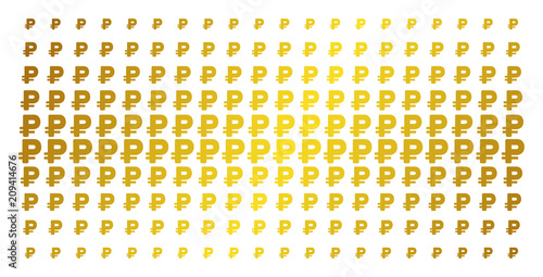 Rouble icon gold halftone pattern. Vector rouble shapes are arranged into halftone array with inclined golden gradient. Designed for backgrounds, covers, templates and bright concepts.
