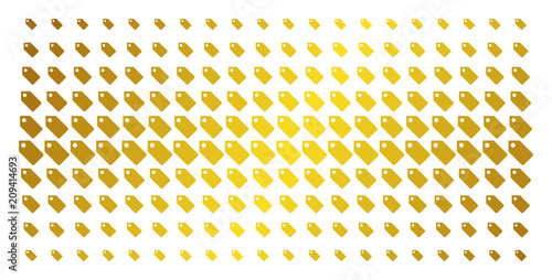 Tag icon gold colored halftone pattern. Vector tag objects are arranged into halftone matrix with inclined gold gradient. Designed for backgrounds, covers, templates and beautiful concepts.