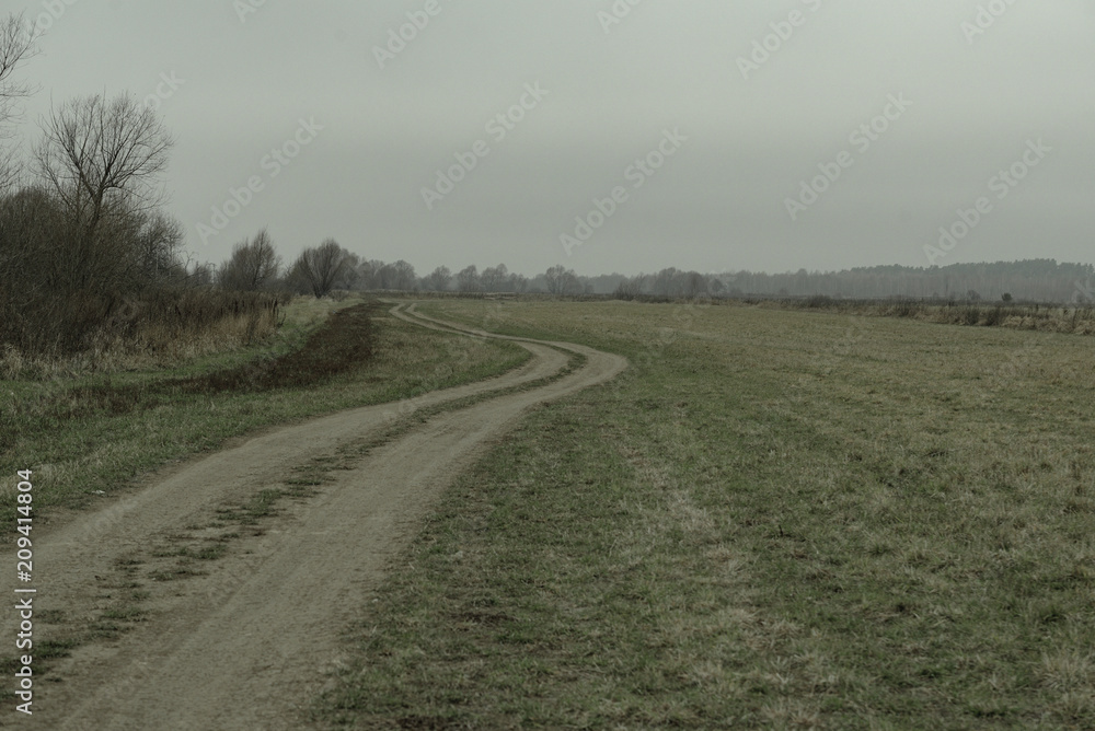 A country road in autumn, spring, mown grass and trees in the distance - vintage retro look. A country road in autumn, spring, mown grass and trees in the distance - vintage retro look.