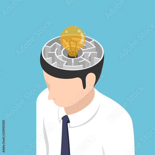 Isometric light Bulb of idea is in the center of maze inside businessman head