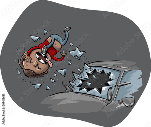 A cartoon man is ejected through the windsheild of a car in an auto accident.