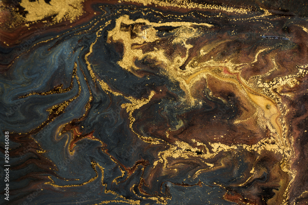 Marble abstract acrylic background. Marbling artwork texture. Agate ripple pattern. Gold powder. - obrazy, fototapety, plakaty 
