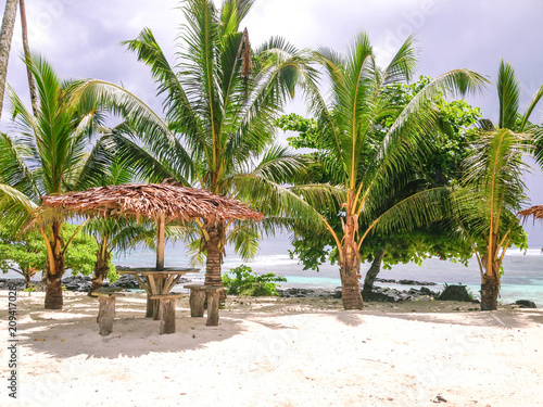 Beach bar leaner and thatched roof on Upolu Island, Samoa, South Pacific photo