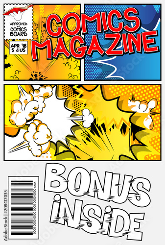 Editable comic book cover with abstract explosion background.