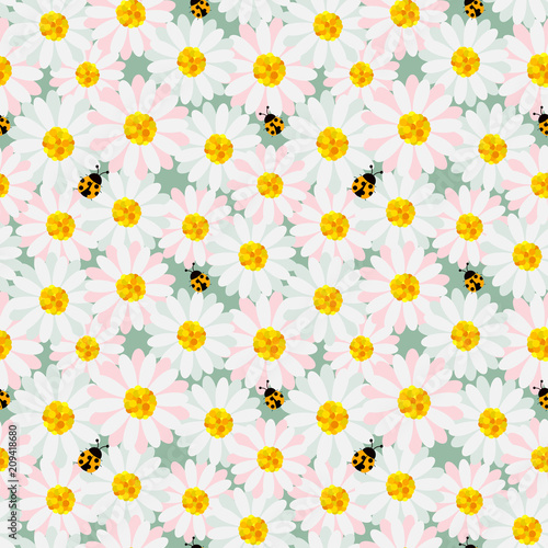 Cute pastel flowers seamless repeat pattern with ladybug on soft green background,design for fabric,textile,print or wrapping paper,vector illustration