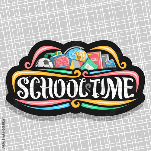 Vector logo for School, dark sign with soccer ball, pink kids backpack, history textbook and calculator, original typeface for words school time, set of colorful objects for university lesson in class
