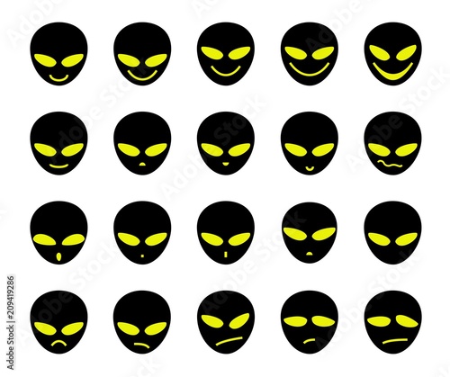 Alien, icon, different emotions, black, vector. The face of an alien. Meme, icon. Vector pictures on white background. Black faces with green eyes. 