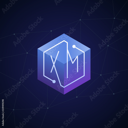 Initial letter XM, block chain, looping mono line circuit letter on hexagon cube logo, blue magenta gradient color on black blue network background