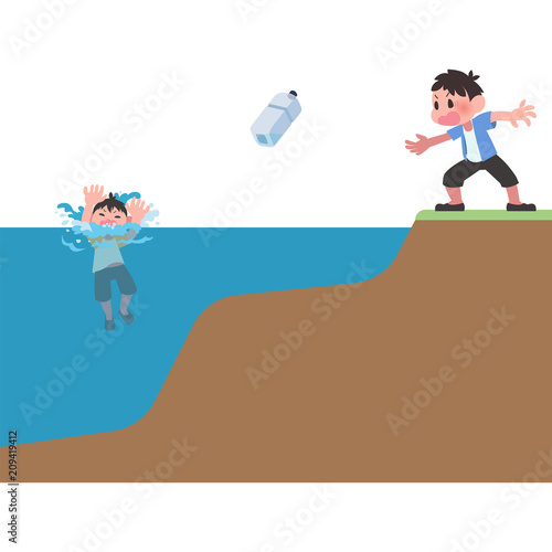 溺れる子供にペットボトルを投げる男性
