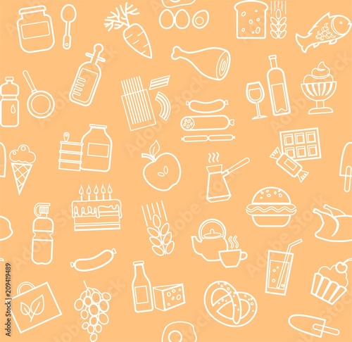 Food, seamless pattern, contour, grocery store, vector. Food and drinks, production and sale. Vector background. White line icons on the coral field. 
