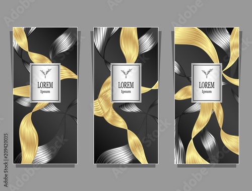 Set Template for package or flyer or label from Luxury background made by foil abstract ribbons waves hair in black gold silver for cosmetic or perfume or for hair dye or  for brand book