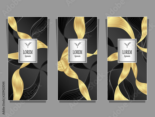 Set Template for package or flyer or label from Luxury background made by foil abstract ribbons waves hair in black gold silver for cosmetic or perfume or for hair dye or  for brand book
