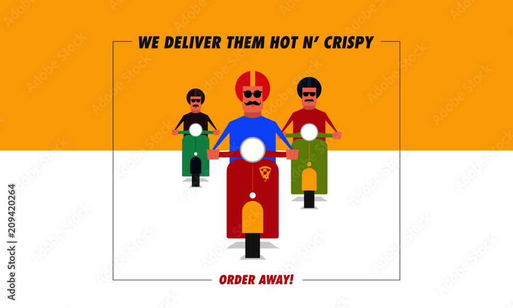 Food Delivery Concept for poster/banner/ad/standee/brochure. Delivery Courier Boys delivering food on a retro scooter Food Delivery Concept for poster/banner/ad/standee/brochure. Delivery Courier Boys delivering food on a retro scooter
