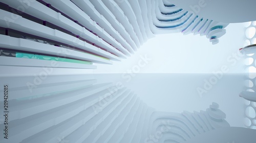 Fototapeta Naklejka Na Ścianę i Meble -  Abstract white and colored gradient glasses interior multilevel public space with window. 3D illustration and rendering.
