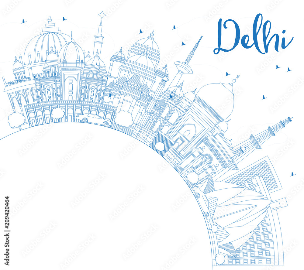 Outline Delhi India City Skyline with Blue Buildings with Copy Space.