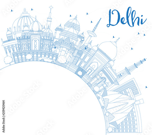 Outline Delhi India City Skyline with Blue Buildings with Copy Space.