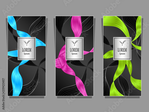 Set Template for package or flyer or label from Luxury background made by foil abstract ribbons waves hair in cyan magenta green  on black for cosmetic or perfume or for hair dye or  for brand book
