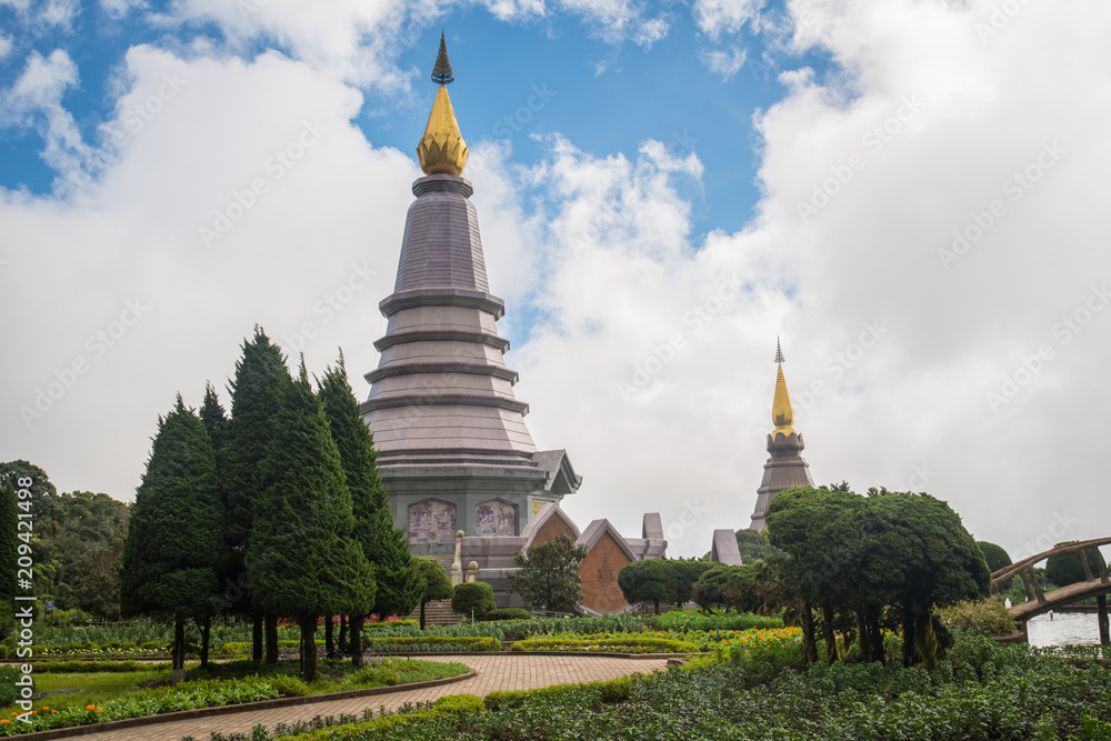 Fototapeta premium The landscape and iconic King and Queen Pagodas on Doi Inthanon the highest mountains in Chiang Mai province of Thailand.