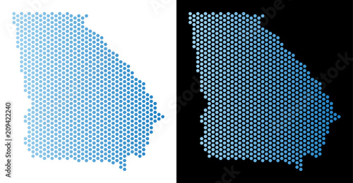 Hex-Tile American State Georgia map. Vector geographic plan in light blue color with horizontal gradient on white and black backgrounds.