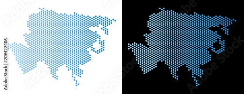 Hex-Tile Asia map. Vector geographic scheme in light blue color with horizontal gradient on white and black backgrounds. Abstract Asia map mosaic is combined of hex-tile blots.