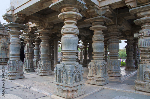 Carved pillars of the Mahadeva Temple, was built circa 1112 CE by Mahadeva, Itagi, Karnataka, India photo