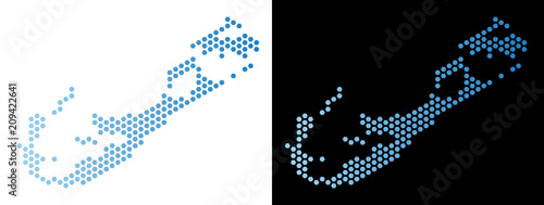 Hex-Tile Bermuda Island map. Vector territorial scheme in light blue color with horizontal gradient on white and black backgrounds. Abstract Bermuda Island map mosaic is created from hexagon elements.