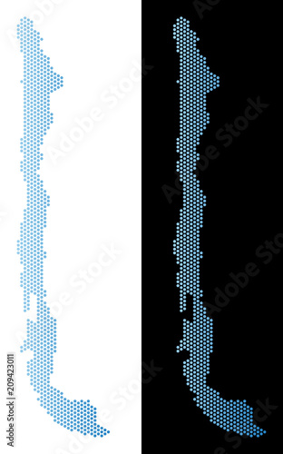 Hex-Tile Chili map. Vector territory plan in light blue color with horizontal gradient on white and black backgrounds. Abstract Chili map concept is composed from hexagon spots.