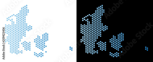 Hexagon Denmark map. Vector territory scheme in light blue color with horizontal gradient on white and black backgrounds. Abstract Denmark map concept is constructed from hexagon elements.
