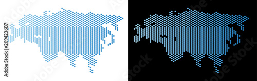 Hexagonal Eurasia map. Vector territory scheme in light blue color with horizontal gradient on white and black backgrounds. Abstract Eurasia map mosaic is containing hexagon blots.