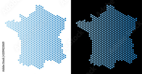 Honeycomb France map. Vector geographic scheme in light blue color with horizontal gradient on white and black backgrounds. Abstract France map composition is formed from hexagonal dots.