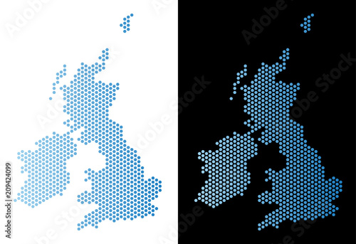 Hex Tile Great Britain and Ireland map. Vector territory scheme in light blue color with horizontal gradient on white and black backgrounds.