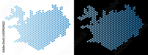 Hexagon Iceland map. Vector territorial scheme in light blue color with horizontal gradient on white and black backgrounds. Abstract Iceland map concept is containing honeycomb elements. photo