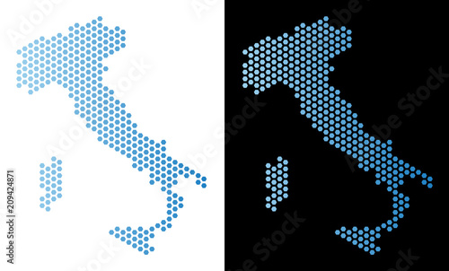 Honeycomb Italy map. Vector territorial plan in light blue color with horizontal gradient on white and black backgrounds. Abstract Italy map mosaic is made from hexagon dots.