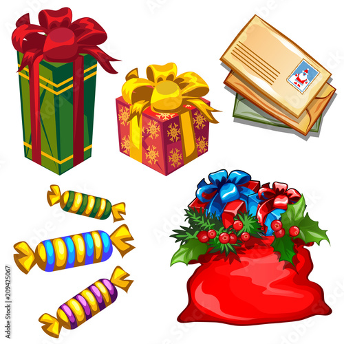Set of gift boxes and bag with gifts, letters to Santa Claus, candy isolated on white background. Sketch for greeting card, festive poster, party invitations.The attributes of Christmas and New year.