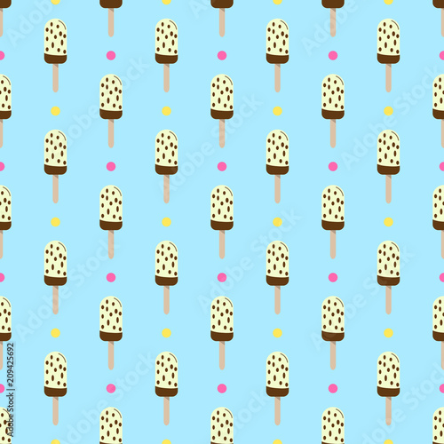 Ice cream or popsicle seamless retro vector pattern decorated with polka dots.  Colorful summer desert - fruit ice lolly. Design for wallpaper, wrapping, fabric, background, apparel, prints, banners. 