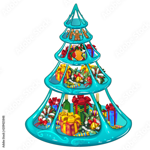 Tiered ice tray with Christmas gifts, sweets and decorations. Sketch for greeting card, festive poster or party invitations.The attributes of Christmas and New year. Vector illustration.