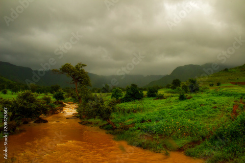 Beautiful monsoon scene that includes streams, hills and forest photo